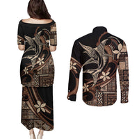 Samoa Manuia le Aso Tuto'atasi Couples Matching Puletasi and Long Sleeve Button Shirt Siapo Mamanu Mix Tatau Marlin LT7 - Polynesian Pride