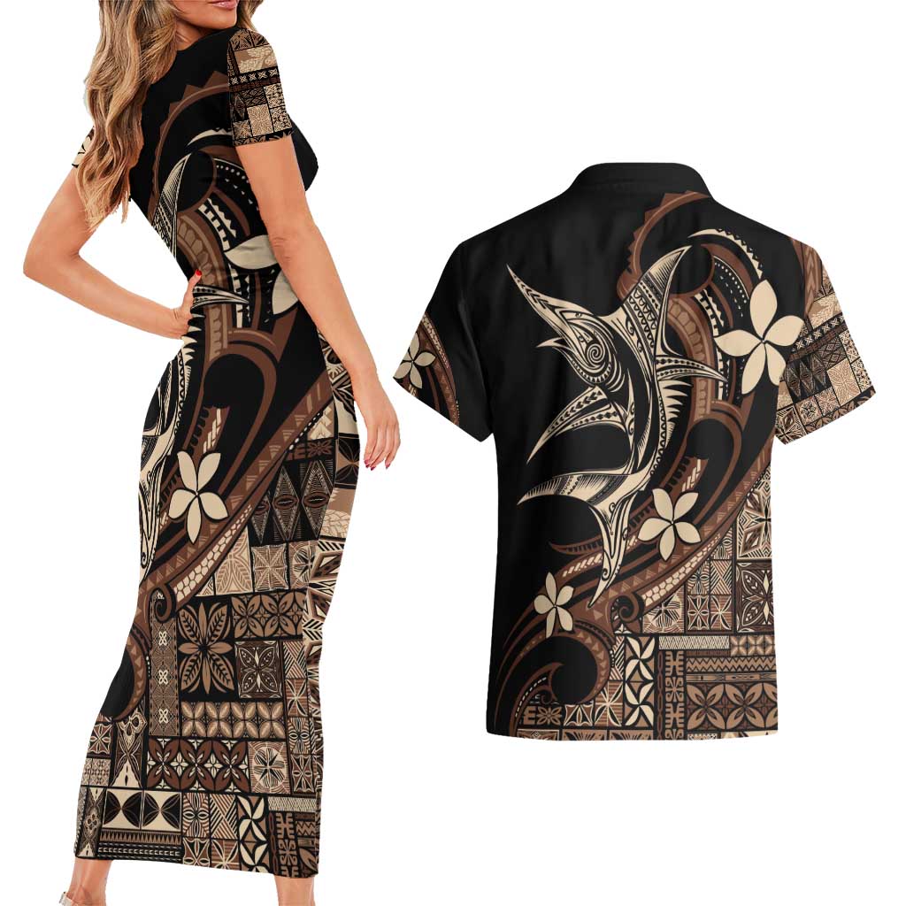 Samoa Manuia le Aso Tuto'atasi Couples Matching Short Sleeve Bodycon Dress and Hawaiian Shirt Siapo Mamanu Mix Tatau Marlin LT7 - Polynesian Pride