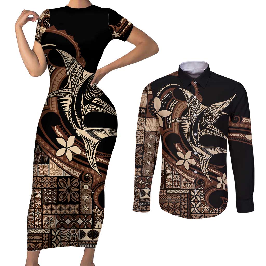 Samoa Manuia le Aso Tuto'atasi Couples Matching Short Sleeve Bodycon Dress and Long Sleeve Button Shirt Siapo Mamanu Mix Tatau Marlin LT7 Black - Polynesian Pride