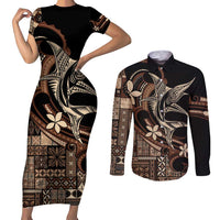 Samoa Manuia le Aso Tuto'atasi Couples Matching Short Sleeve Bodycon Dress and Long Sleeve Button Shirt Siapo Mamanu Mix Tatau Marlin LT7 Black - Polynesian Pride