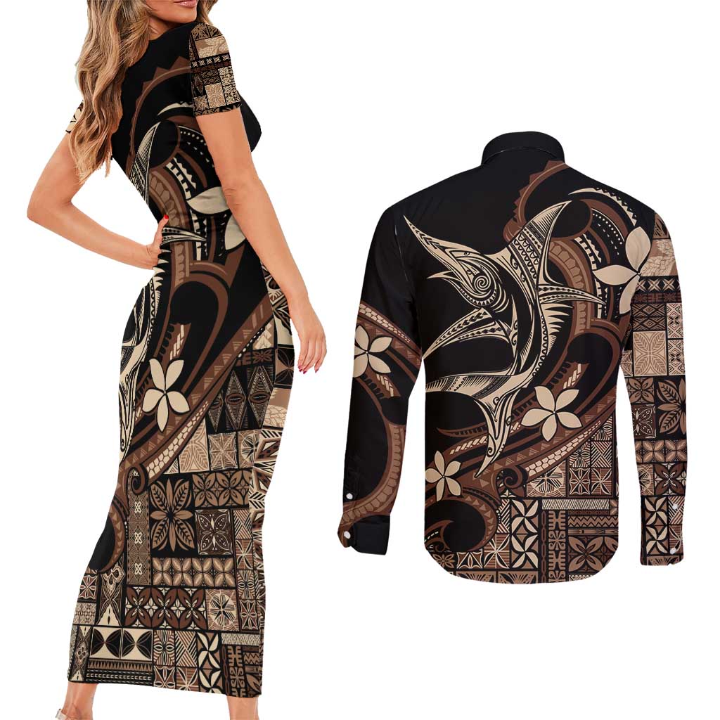 Samoa Manuia le Aso Tuto'atasi Couples Matching Short Sleeve Bodycon Dress and Long Sleeve Button Shirt Siapo Mamanu Mix Tatau Marlin LT7 - Polynesian Pride