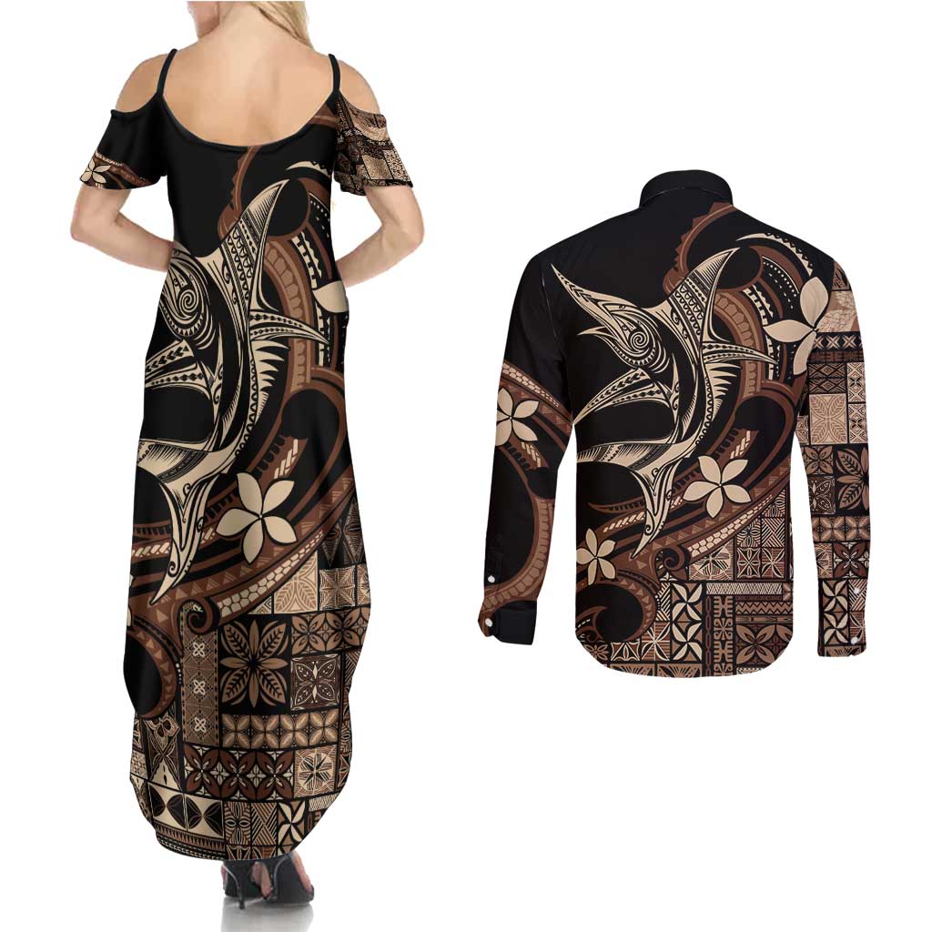 Samoa Manuia le Aso Tuto'atasi Couples Matching Summer Maxi Dress and Long Sleeve Button Shirt Siapo Mamanu Mix Tatau Marlin LT7 - Polynesian Pride