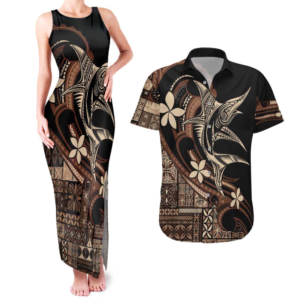 Samoa Manuia le Aso Tuto'atasi Couples Matching Tank Maxi Dress and Hawaiian Shirt Siapo Mamanu Mix Tatau Marlin LT7 Black - Polynesian Pride