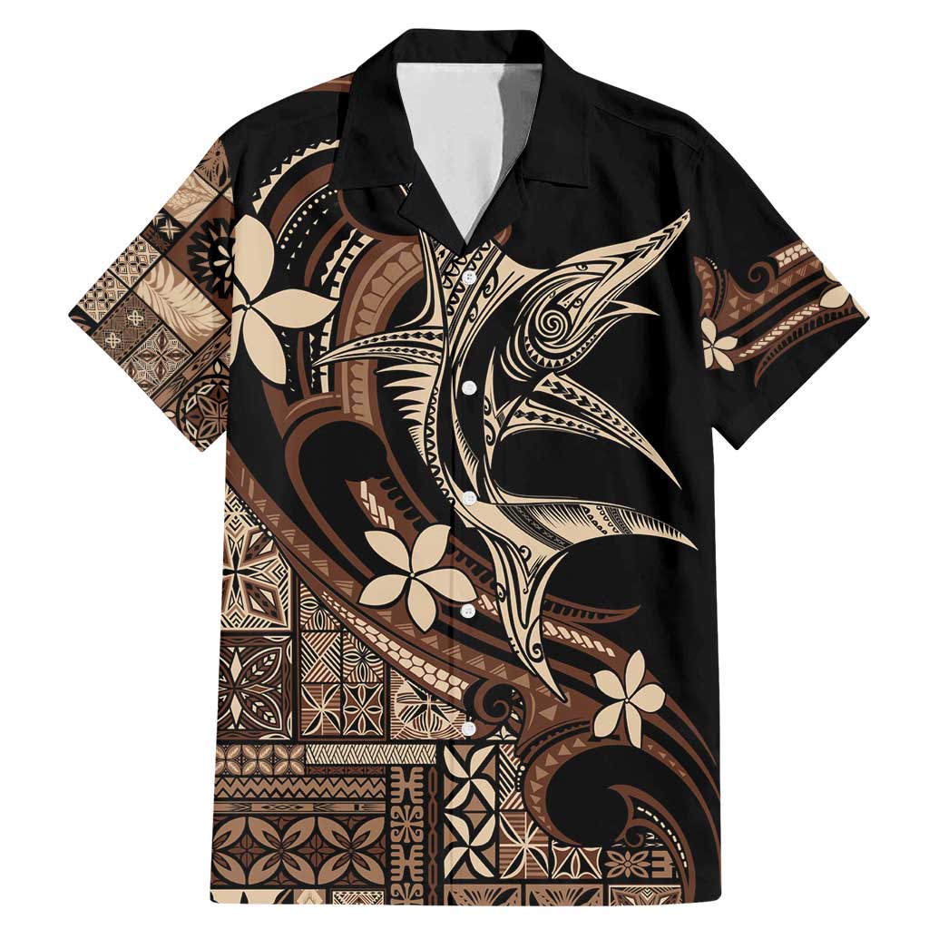Samoa Manuia le Aso Tuto'atasi Family Matching Mermaid Dress and Hawaiian Shirt Siapo Mamanu Mix Tatau Marlin LT7 Dad's Shirt - Short Sleeve Black - Polynesian Pride