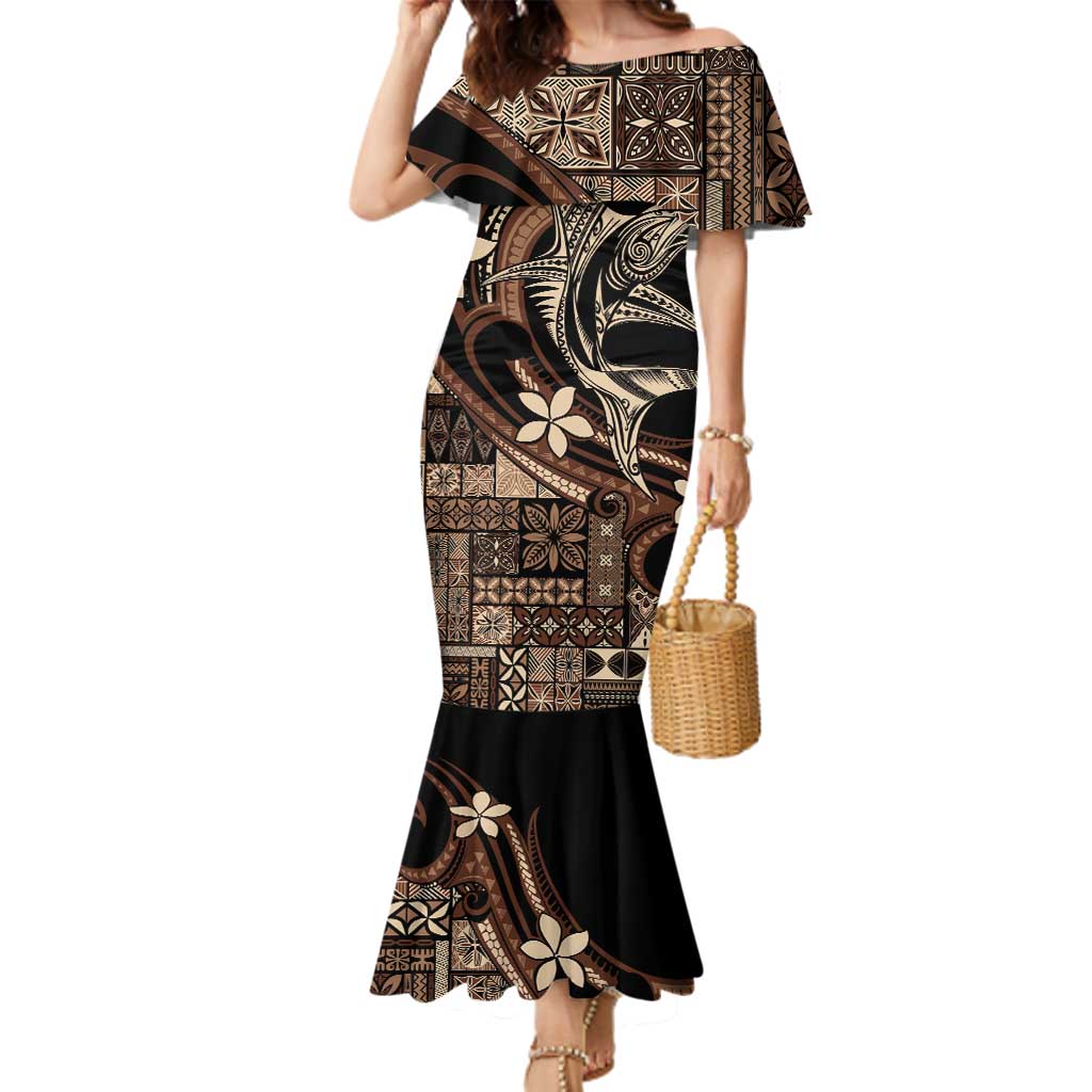 Samoa Manuia le Aso Tuto'atasi Family Matching Mermaid Dress and Hawaiian Shirt Siapo Mamanu Mix Tatau Marlin LT7 Mom's Dress Black - Polynesian Pride