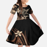 Samoa Manuia le Aso Tuto'atasi Family Matching Off The Shoulder Long Sleeve Dress and Hawaiian Shirt Siapo Mamanu Mix Tatau Marlin LT7 Daughter's Dress Black - Polynesian Pride