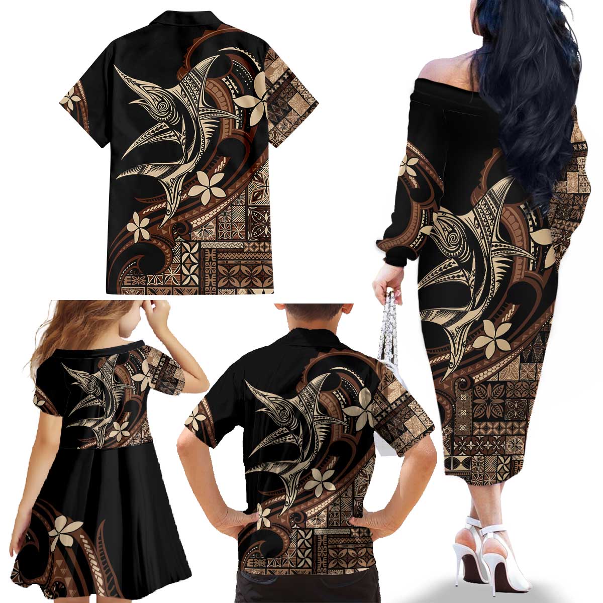 Samoa Manuia le Aso Tuto'atasi Family Matching Off The Shoulder Long Sleeve Dress and Hawaiian Shirt Siapo Mamanu Mix Tatau Marlin LT7 - Polynesian Pride