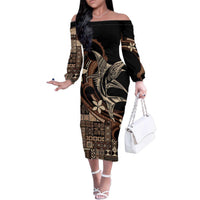 Samoa Manuia le Aso Tuto'atasi Family Matching Off The Shoulder Long Sleeve Dress and Hawaiian Shirt Siapo Mamanu Mix Tatau Marlin LT7 Mom's Dress Black - Polynesian Pride