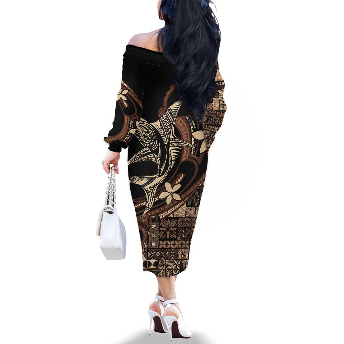 Samoa Manuia le Aso Tuto'atasi Family Matching Off The Shoulder Long Sleeve Dress and Hawaiian Shirt Siapo Mamanu Mix Tatau Marlin LT7 - Polynesian Pride