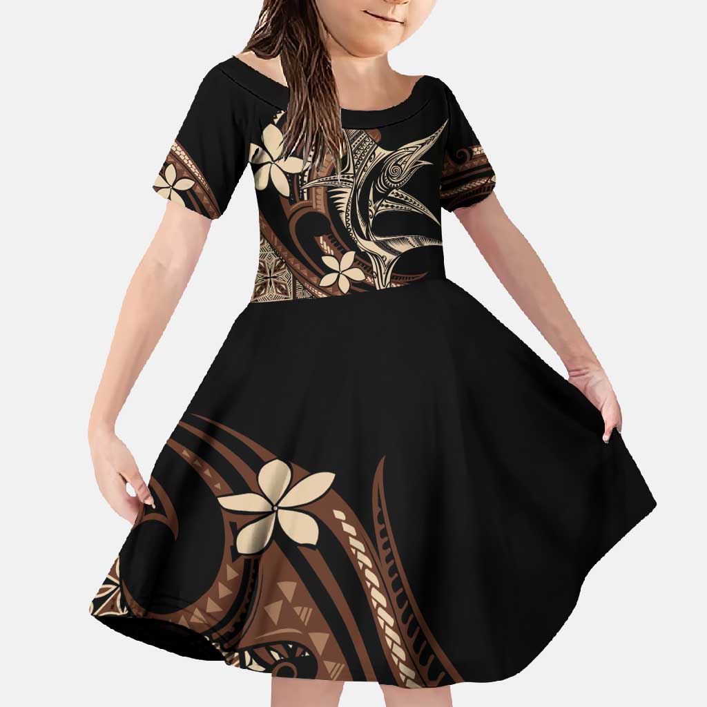 Samoa Manuia le Aso Tuto'atasi Family Matching Off Shoulder Maxi Dress and Hawaiian Shirt Siapo Mamanu Mix Tatau Marlin LT7 Daughter's Dress Black - Polynesian Pride
