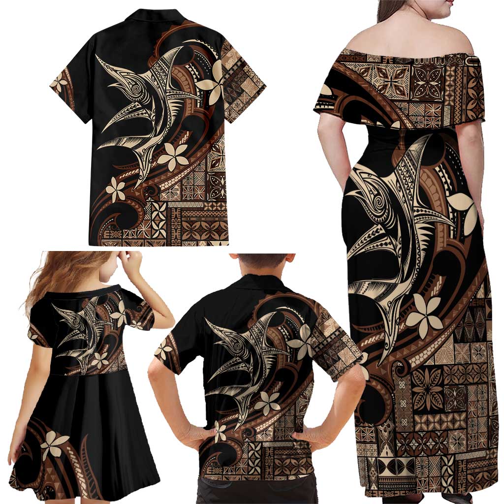 Samoa Manuia le Aso Tuto'atasi Family Matching Off Shoulder Maxi Dress and Hawaiian Shirt Siapo Mamanu Mix Tatau Marlin LT7 - Polynesian Pride