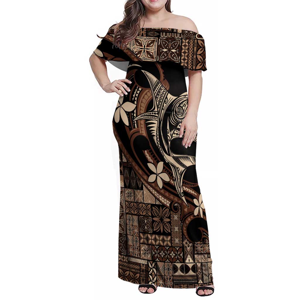 Samoa Manuia le Aso Tuto'atasi Family Matching Off Shoulder Maxi Dress and Hawaiian Shirt Siapo Mamanu Mix Tatau Marlin LT7 Mom's Dress Black - Polynesian Pride