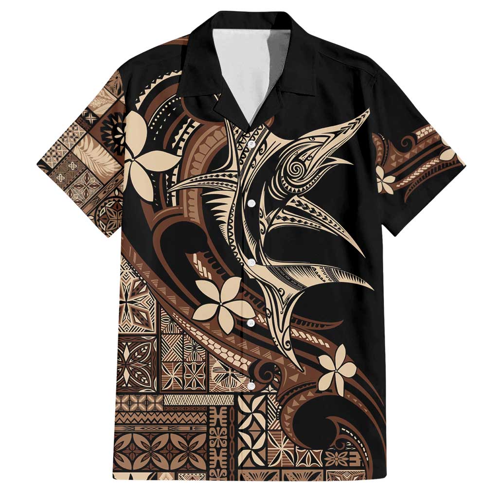 Samoa Manuia le Aso Tuto'atasi Family Matching Off Shoulder Short Dress and Hawaiian Shirt Siapo Mamanu Mix Tatau Marlin LT7 Dad's Shirt - Short Sleeve Black - Polynesian Pride