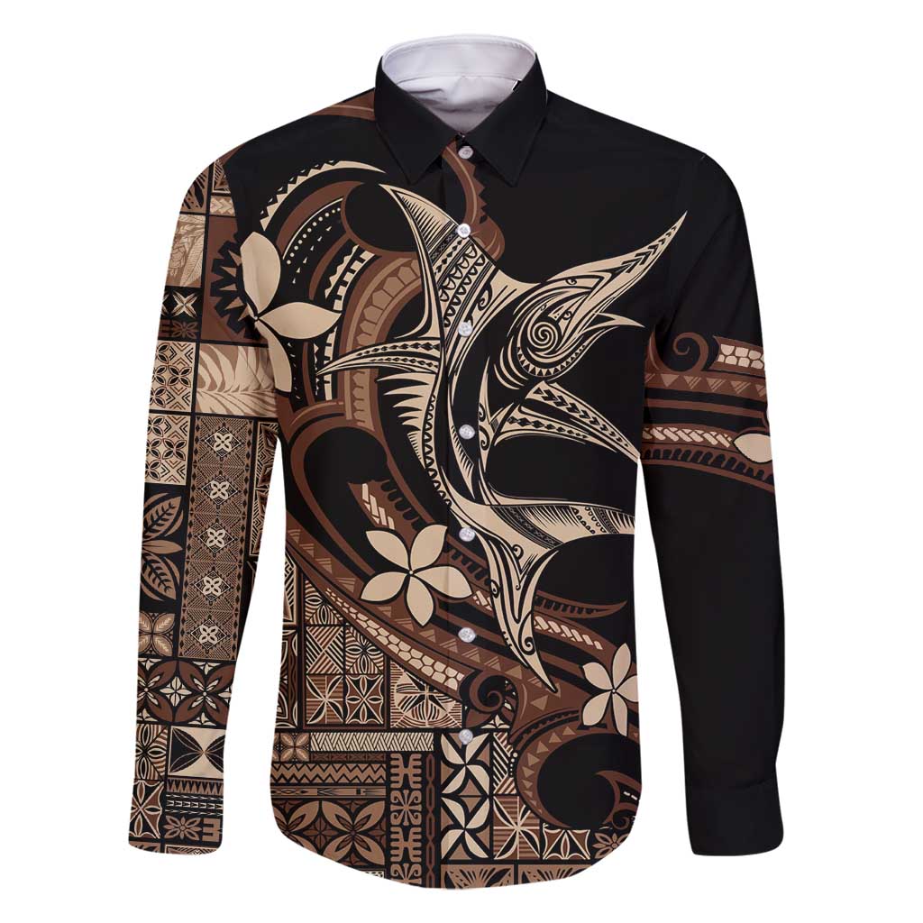 Samoa Manuia le Aso Tuto'atasi Family Matching Off Shoulder Short Dress and Hawaiian Shirt Siapo Mamanu Mix Tatau Marlin LT7 Dad's Shirt - Long Sleeve Black - Polynesian Pride