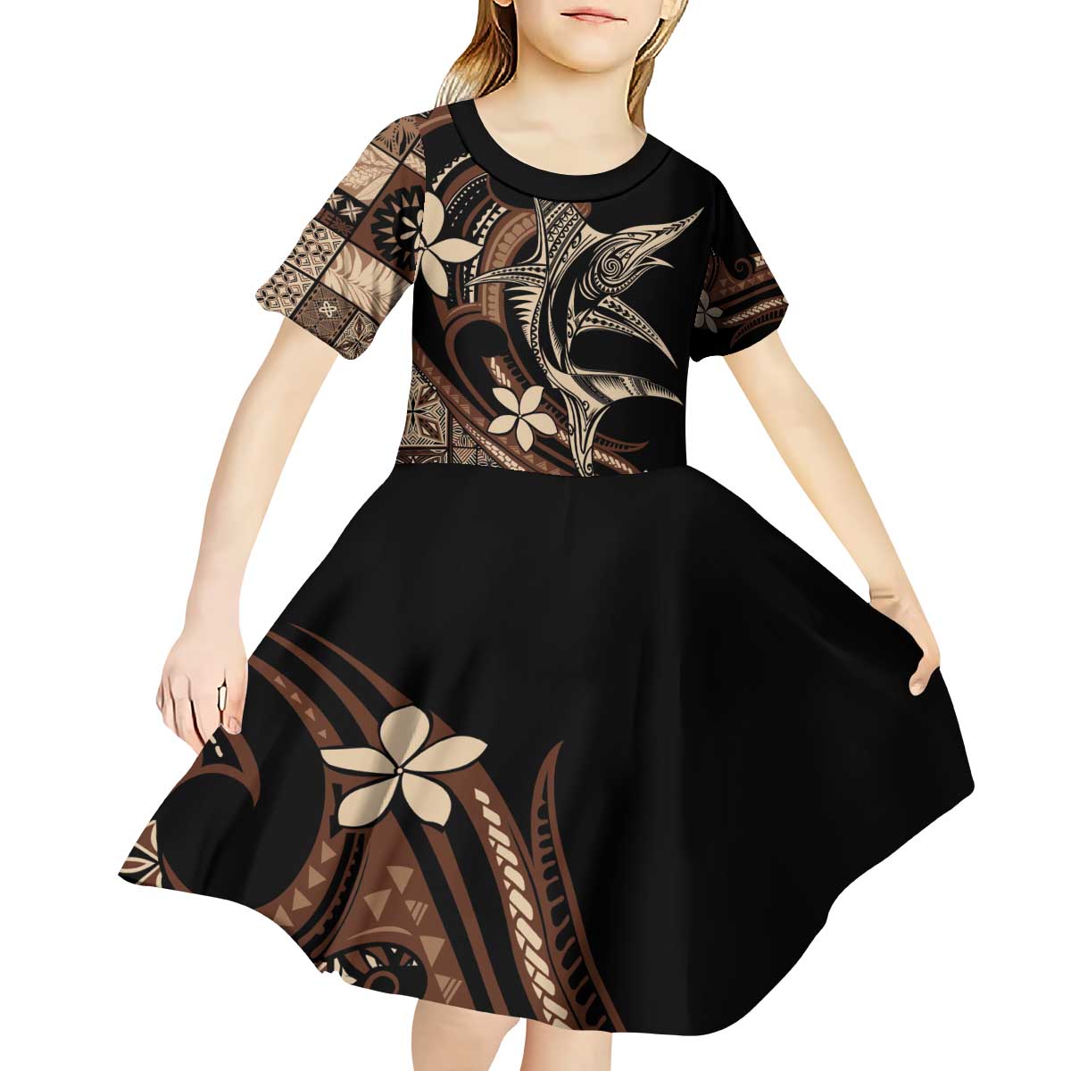 Samoa Manuia le Aso Tuto'atasi Kid Short Sleeve Dress Siapo Mamanu Mix Tatau Marlin LT7 - Polynesian Pride