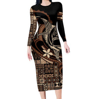 Samoa Manuia le Aso Tuto'atasi Long Sleeve Bodycon Dress Siapo Mamanu Mix Tatau Marlin LT7 Long Dress Black - Polynesian Pride