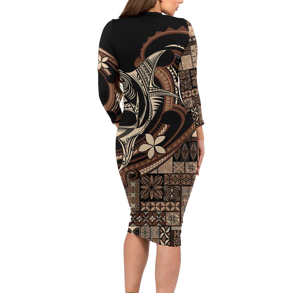 Samoa Manuia le Aso Tuto'atasi Long Sleeve Bodycon Dress Siapo Mamanu Mix Tatau Marlin LT7 - Polynesian Pride