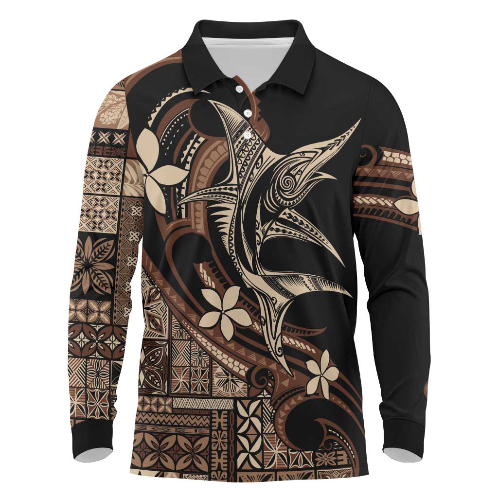Samoa Manuia le Aso Tuto'atasi Long Sleeve Polo Shirt Siapo Mamanu Mix Tatau Marlin LT7 Black - Polynesian Pride