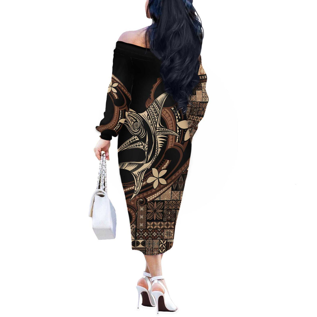Samoa Manuia le Aso Tuto'atasi Off The Shoulder Long Sleeve Dress Siapo Mamanu Mix Tatau Marlin LT7 - Polynesian Pride