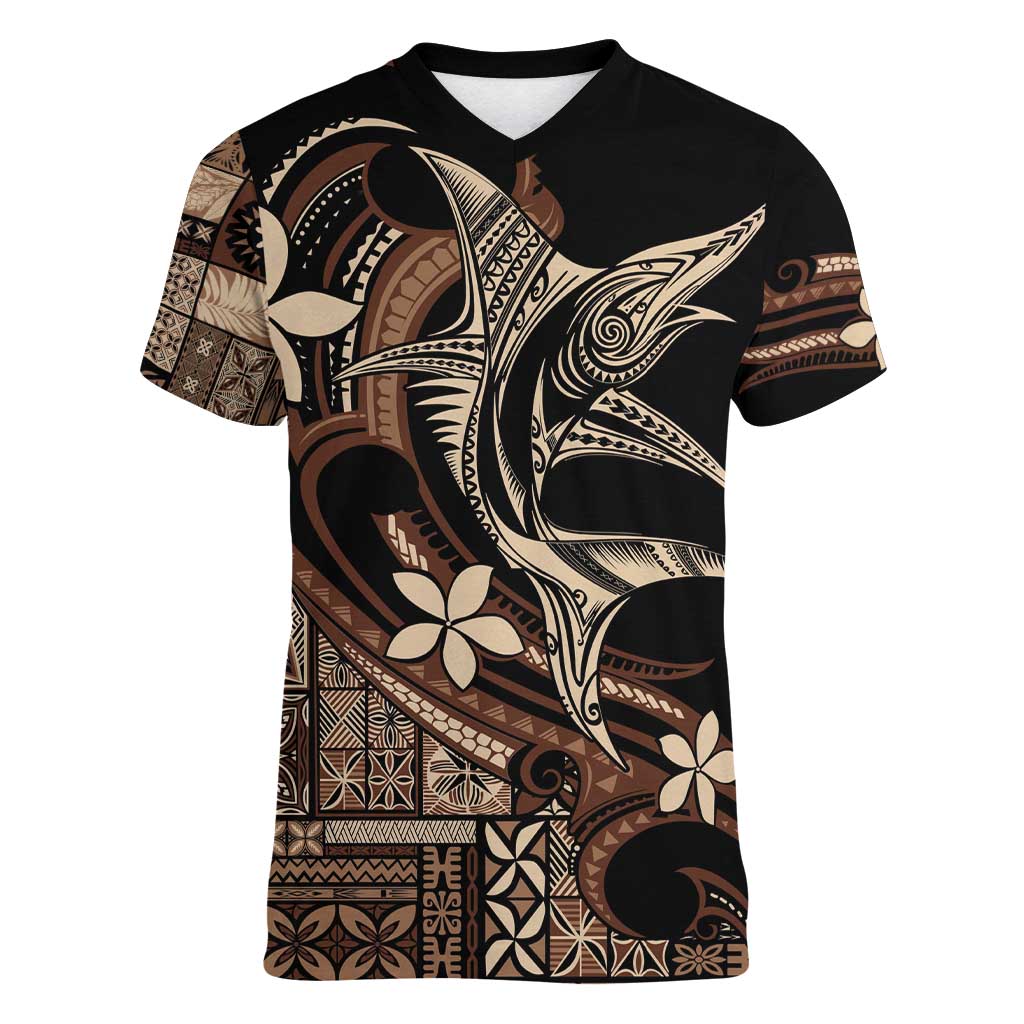 Samoa Manuia le Aso Tuto'atasi Women V-Neck T-Shirt Siapo Mamanu Mix Tatau Marlin LT7 Female Black - Polynesian Pride