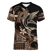 Samoa Manuia le Aso Tuto'atasi Women V-Neck T-Shirt Siapo Mamanu Mix Tatau Marlin LT7 Female Black - Polynesian Pride