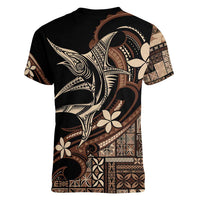Samoa Manuia le Aso Tuto'atasi Women V-Neck T-Shirt Siapo Mamanu Mix Tatau Marlin LT7 - Polynesian Pride