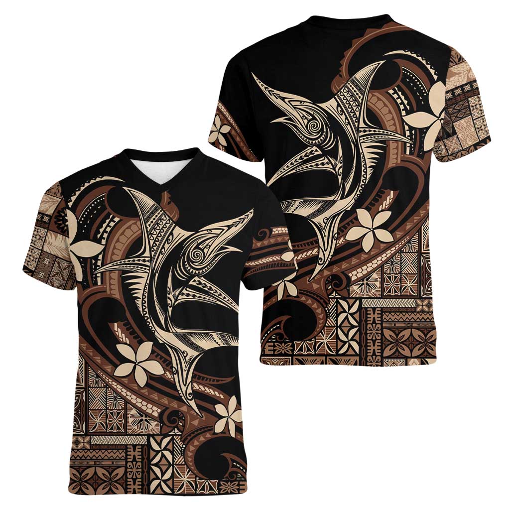 Samoa Manuia le Aso Tuto'atasi Women V-Neck T-Shirt Siapo Mamanu Mix Tatau Marlin LT7 - Polynesian Pride