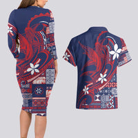 Samoa Manuia le Aso Tuto'atasi Couples Matching Long Sleeve Bodycon Dress and Hawaiian Shirt Siapo Mamanu Mix Tatau Marlin - Flag Color LT7 - Polynesian Pride