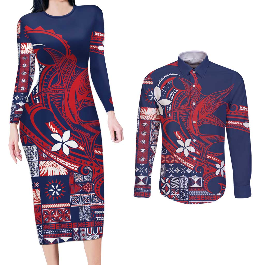 Samoa Manuia le Aso Tuto'atasi Couples Matching Long Sleeve Bodycon Dress and Long Sleeve Button Shirt Siapo Mamanu Mix Tatau Marlin - Flag Color LT7 Blue - Polynesian Pride