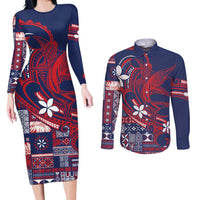Samoa Manuia le Aso Tuto'atasi Couples Matching Long Sleeve Bodycon Dress and Long Sleeve Button Shirt Siapo Mamanu Mix Tatau Marlin - Flag Color LT7 Blue - Polynesian Pride