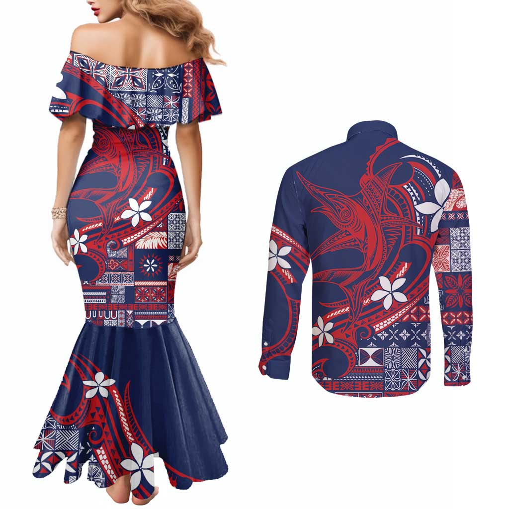 Samoa Manuia le Aso Tuto'atasi Couples Matching Mermaid Dress and Long Sleeve Button Shirt Siapo Mamanu Mix Tatau Marlin - Flag Color LT7 - Polynesian Pride