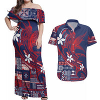 Samoa Manuia le Aso Tuto'atasi Couples Matching Off Shoulder Maxi Dress and Hawaiian Shirt Siapo Mamanu Mix Tatau Marlin - Flag Color LT7 Blue - Polynesian Pride