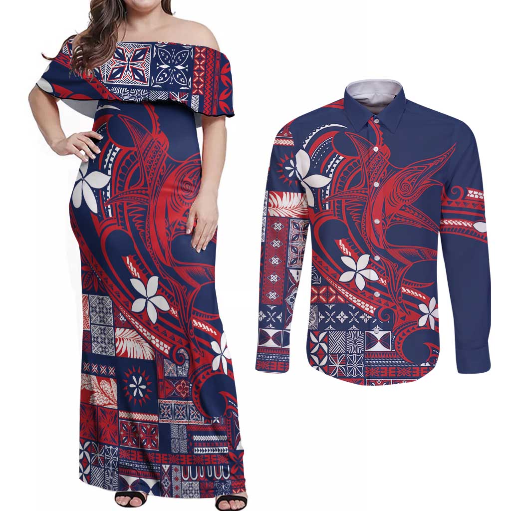 Samoa Manuia le Aso Tuto'atasi Couples Matching Off Shoulder Maxi Dress and Long Sleeve Button Shirt Siapo Mamanu Mix Tatau Marlin - Flag Color LT7 Blue - Polynesian Pride