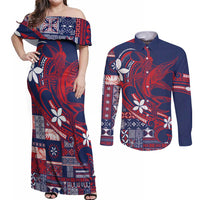 Samoa Manuia le Aso Tuto'atasi Couples Matching Off Shoulder Maxi Dress and Long Sleeve Button Shirt Siapo Mamanu Mix Tatau Marlin - Flag Color LT7 Blue - Polynesian Pride
