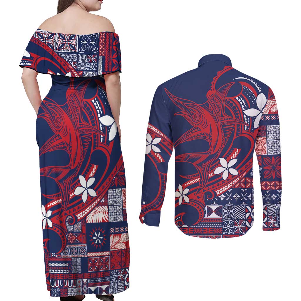 Samoa Manuia le Aso Tuto'atasi Couples Matching Off Shoulder Maxi Dress and Long Sleeve Button Shirt Siapo Mamanu Mix Tatau Marlin - Flag Color LT7 - Polynesian Pride
