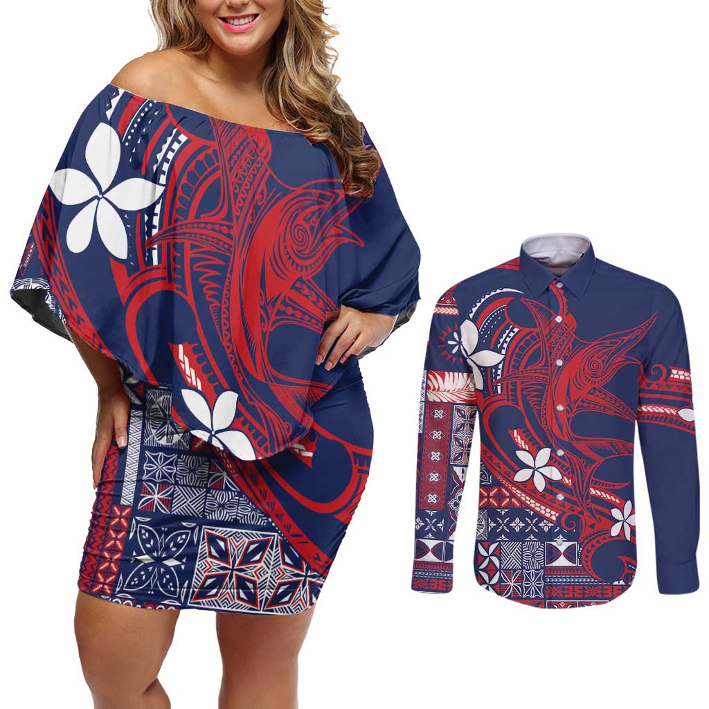 Samoa Manuia le Aso Tuto'atasi Couples Matching Off Shoulder Short Dress and Long Sleeve Button Shirt Siapo Mamanu Mix Tatau Marlin - Flag Color LT7 Blue - Polynesian Pride