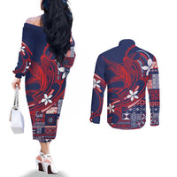 Samoa Manuia le Aso Tuto'atasi Couples Matching Off The Shoulder Long Sleeve Dress and Long Sleeve Button Shirt Siapo Mamanu Mix Tatau Marlin - Flag Color LT7 - Polynesian Pride