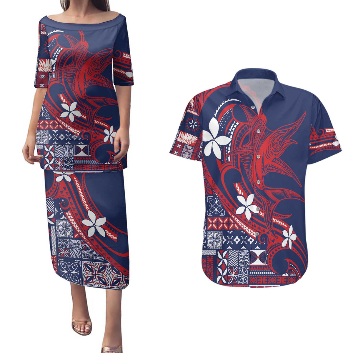Samoa Manuia le Aso Tuto'atasi Couples Matching Puletasi and Hawaiian Shirt Siapo Mamanu Mix Tatau Marlin - Flag Color LT7 Blue - Polynesian Pride