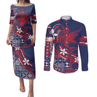 Samoa Manuia le Aso Tuto'atasi Couples Matching Puletasi and Long Sleeve Button Shirt Siapo Mamanu Mix Tatau Marlin - Flag Color LT7 Blue - Polynesian Pride