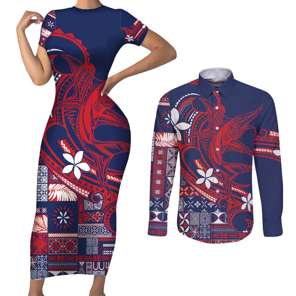Samoa Manuia le Aso Tuto'atasi Couples Matching Short Sleeve Bodycon Dress and Long Sleeve Button Shirt Siapo Mamanu Mix Tatau Marlin - Flag Color LT7 Blue - Polynesian Pride
