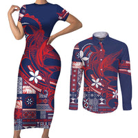 Samoa Manuia le Aso Tuto'atasi Couples Matching Short Sleeve Bodycon Dress and Long Sleeve Button Shirt Siapo Mamanu Mix Tatau Marlin - Flag Color LT7 Blue - Polynesian Pride