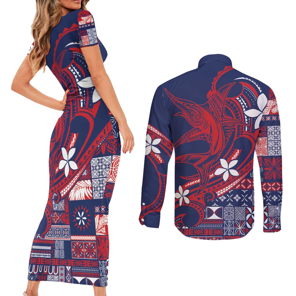 Samoa Manuia le Aso Tuto'atasi Couples Matching Short Sleeve Bodycon Dress and Long Sleeve Button Shirt Siapo Mamanu Mix Tatau Marlin - Flag Color LT7 - Polynesian Pride