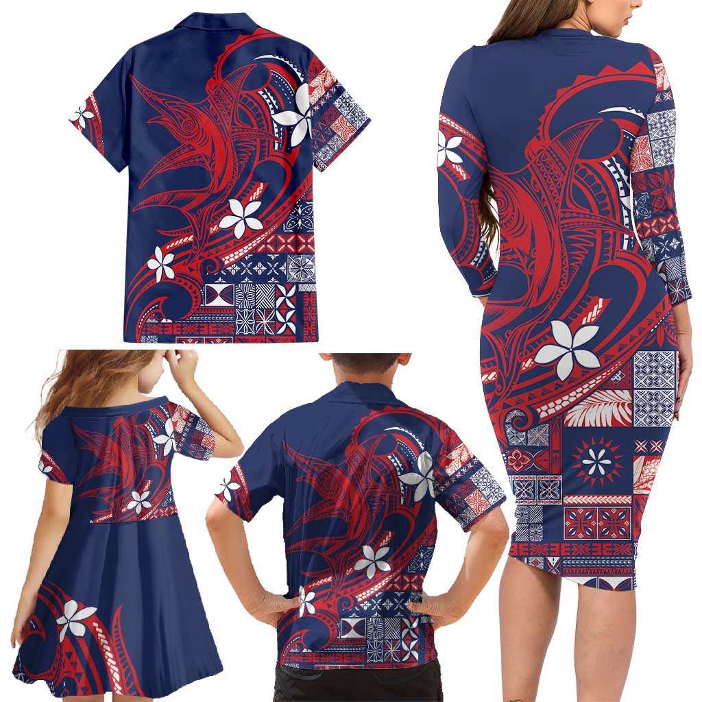 Samoa Manuia le Aso Tuto'atasi Family Matching Long Sleeve Bodycon Dress and Hawaiian Shirt Siapo Mamanu Mix Tatau Marlin - Flag Color LT7 - Polynesian Pride