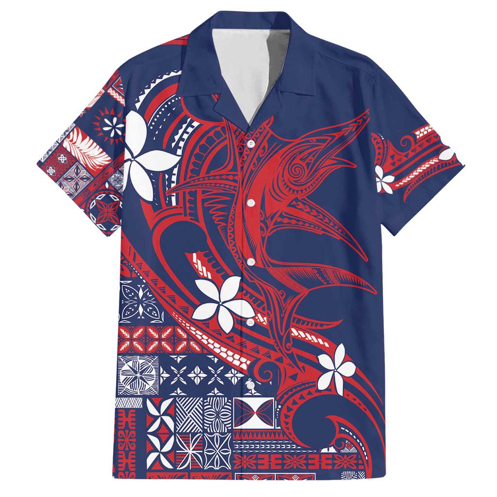 Samoa Manuia le Aso Tuto'atasi Family Matching Long Sleeve Bodycon Dress and Hawaiian Shirt Siapo Mamanu Mix Tatau Marlin - Flag Color LT7 Dad's Shirt - Short Sleeve Blue - Polynesian Pride