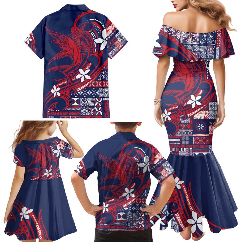 Samoa Manuia le Aso Tuto'atasi Family Matching Mermaid Dress and Hawaiian Shirt Siapo Mamanu Mix Tatau Marlin - Flag Color LT7 - Polynesian Pride