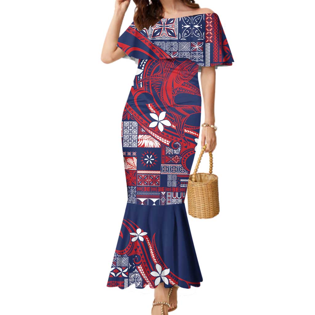 Samoa Manuia le Aso Tuto'atasi Family Matching Mermaid Dress and Hawaiian Shirt Siapo Mamanu Mix Tatau Marlin - Flag Color LT7 Mom's Dress Blue - Polynesian Pride