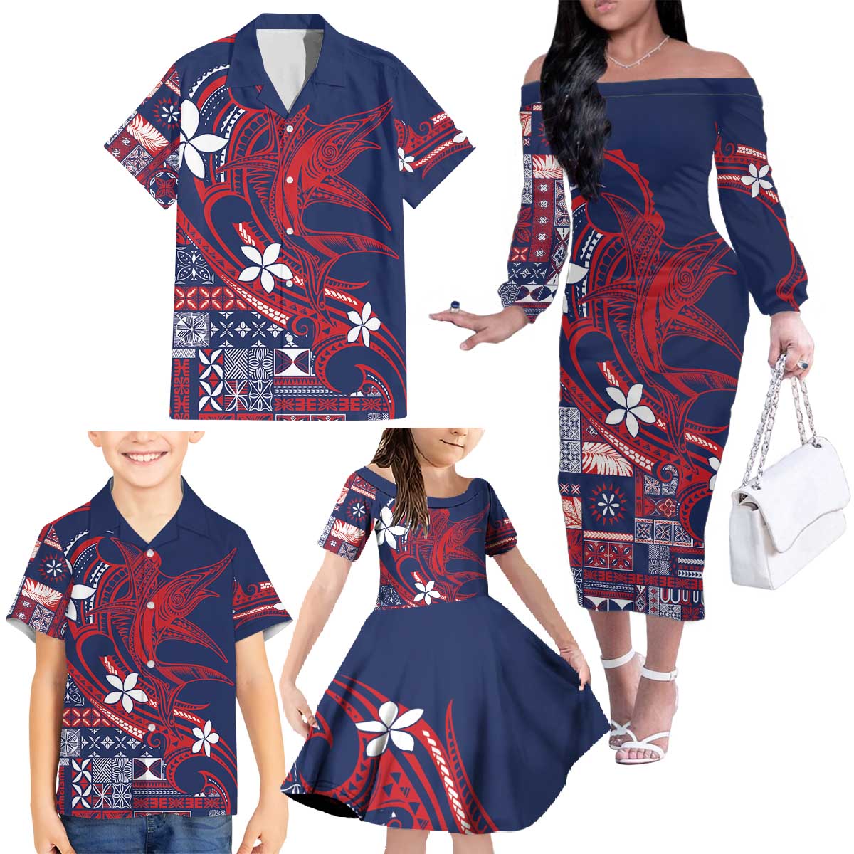 Samoa Manuia le Aso Tuto'atasi Family Matching Off The Shoulder Long Sleeve Dress and Hawaiian Shirt Siapo Mamanu Mix Tatau Marlin - Flag Color LT7 - Polynesian Pride