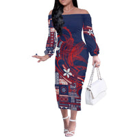 Samoa Manuia le Aso Tuto'atasi Family Matching Off The Shoulder Long Sleeve Dress and Hawaiian Shirt Siapo Mamanu Mix Tatau Marlin - Flag Color LT7 Mom's Dress Blue - Polynesian Pride