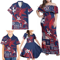 Samoa Manuia le Aso Tuto'atasi Family Matching Off Shoulder Maxi Dress and Hawaiian Shirt Siapo Mamanu Mix Tatau Marlin - Flag Color LT7 - Polynesian Pride