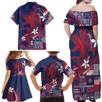 Samoa Manuia le Aso Tuto'atasi Family Matching Off Shoulder Maxi Dress and Hawaiian Shirt Siapo Mamanu Mix Tatau Marlin - Flag Color LT7 - Polynesian Pride